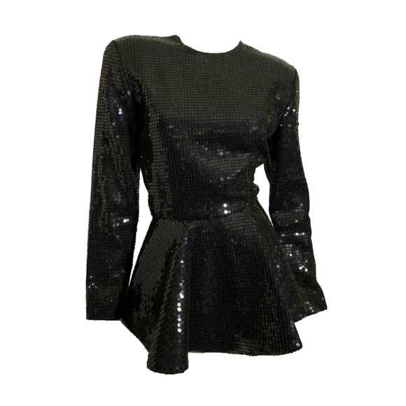 1980s Black Sequined Top Sculpted Peplum Anne Klein 6 - Picture 1 of 7